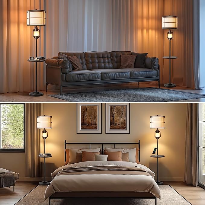 Rustic Farmhouse Metal Tray Floor Lamp For Living Room With Nightlight Vintage Tall Lamp With Linen Fabric Shade Industrial Standing Lamp For Bedroom Office Home House Study (Bulb Included)