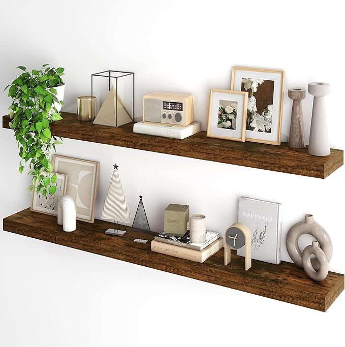 Fun Memories Floating Shelves for Wall, 55Inch Floating Shelves Set of 2, Hanging Shelf with Invisible Brackets, Wood Shelves for Living Room, Bedroom, Kitchen, Brown