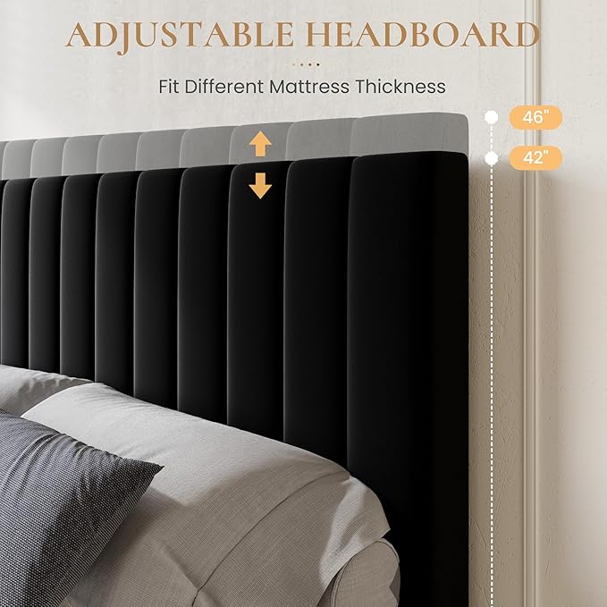 SHA CERLIN Full Size Platform Bed Frame with 4 Storage Drawers, Vertical Channel Tufted Adjustable Headboard, Velvet Upholstered, Wooden Slats Support, No Box Spring Needed, Easy Assembly, Black