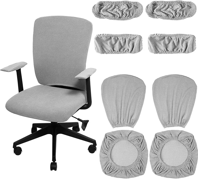 Tallew Office Chair Covers Set Computer Universal Protective Stretchable Chair Seat Covers Desk Armrest Slipcovers Pads Office Cushion Backrest for Rotating(XL,Silver Grey,8 Pcs)