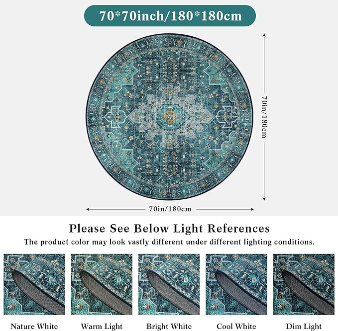 Moynesa Ultra-Thin Washable Round Rug - 6ft Teal Large Living Room Circle Area Rugs, Vintage Dining Room Mat Stain Resistant Nursery Carpet for Bedroom Mudroom Kitchen Apartment Home Office