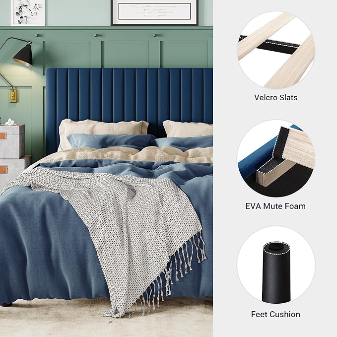 Allewie King Bed Frame, Velvet Upholstered Platform Bed with Adjustable Vertical Channel Tufted Headboard, Mattress Foundation with Strong Wooden Slats, Box Spring Optional, Easy Assembly, Navy Blue