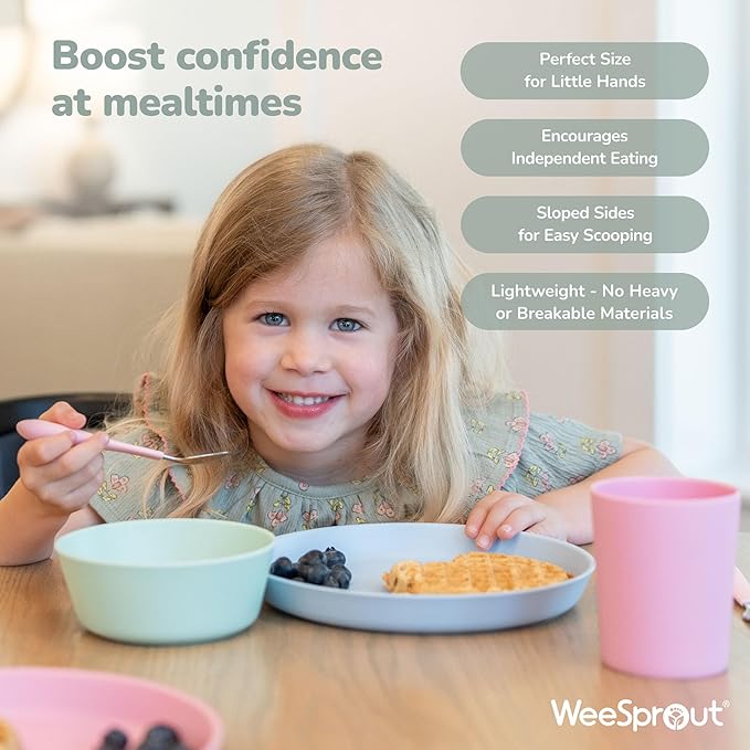 WeeSprout Bamboo Plates, Set of 4, Kid-Sized Dinnerware, Dishwasher Safe Melamine Dishware (Pastel Blue, Mint, Purple & Pink, Without Lids)