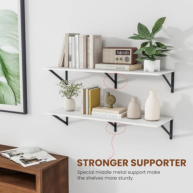 Heimlove White Deep Floating Shelves for Wall, 36W x 12D Wood Wall Shelves Set of 2, Wide Floating Bookshelf for Living Room, Kitchen, Office, Bedroom and Decor Storage, with Black Bracket - White