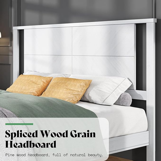 AMERLIFE Solid Wood King Size Bed Frame with Headboard, Mid Century Modern Style Platform Bed with Under-Bed Storage, No Box Spring Needed, Noise Free, Easy Assembly, Antique White