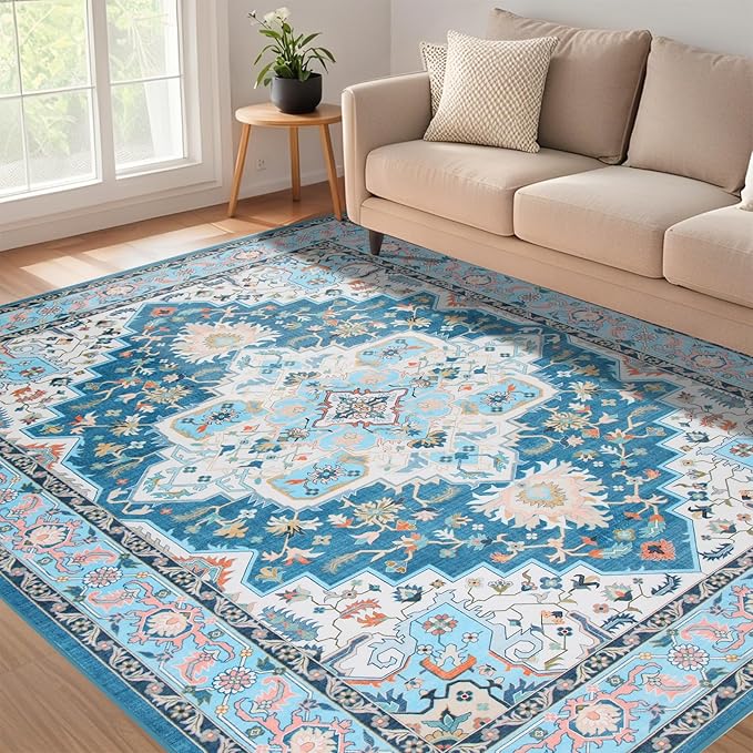 WILLSUN Washable Area Rugs, 6x9 Non-Slip Boho Large Area Rugs for Living Room, Bedroom, Machine Washable Vintage Rug, Indoor Floral Print Carpet for Home Decor, Kid & Pet Friendly Mat