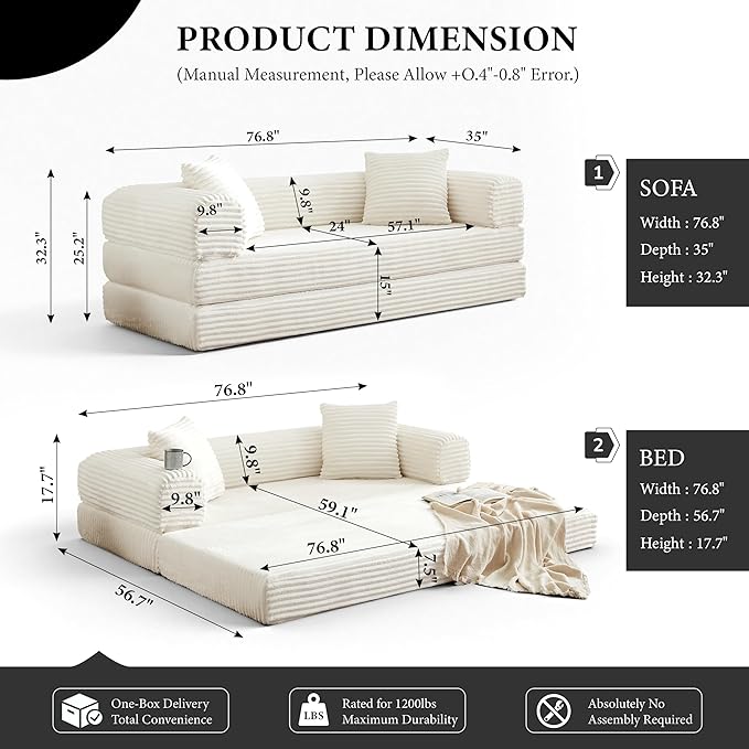 Boneless Couch Sofa Bed Sectional Couches for Living Room,Futon Cloud Couch with Sleeper Sofa,Sofas for Living Room Oversized Corduroy Upholstered (White)