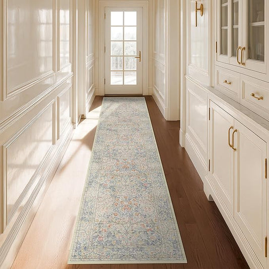 Washable Beige Blue 2x10 Runner Rug for Hallway Kitchen Mudroom, Non-Slip Stain Resistant Extra Long Floor Mat 10 ft - Vintage Floral Aethestic Decor
