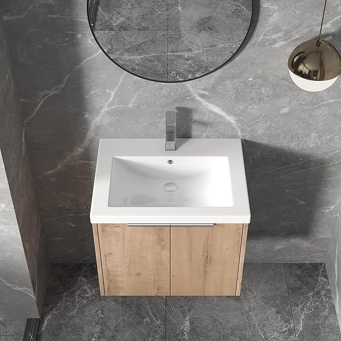 Goujxcy 24" Wall Mounted Bathroom Vanity with Sink, Modern Floating Bathroom Cabinet with White Resin Wash Basin & Storage Cabinet, Soft-Close Door Plywood Hanging Bath Room Cabinet (Imitative Oak)