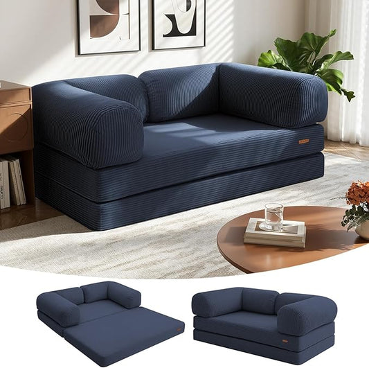 COMAX Folding Sofa Bed Queen, 4-in-1 Foldable Floor Couch Convertible Futon Sofa with Armrests, Sleeper Mattress Fold Out Chair Bed Comfy Portable Lounge Guest for Living Room Bedroom, Navy Blue