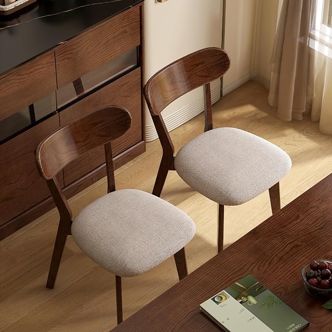 Walnut Dining Chair,FAS-Grade North American Oak Construction with Grey Padded Fabric Seats, Comfortable Dining Chair for Kitchen & Dining Room, 400lb Capacity