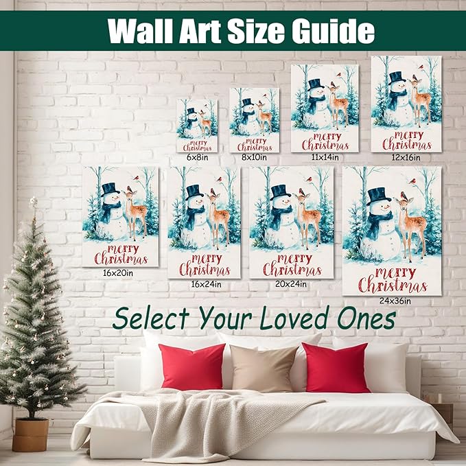 Christmas Snowman with Deer Canvas Wall Art - Rustic Winter Scene Framed Print for Farmhouse Living Room, Cozy Christmas Wall Decor, Ideal Christmas Gifts & Festive Decorations