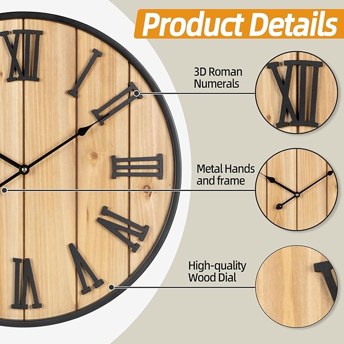Large Wall Clock 16IN, Silent Metal Wood Style Wall Clocks Battery Operated for Living Room Decor, Farmhouse Big Wall Clock, Outdoor