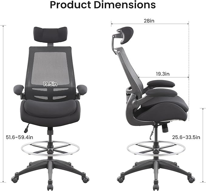 BOLISS 400lbs High Back Computer Office Drafting Chair Double Seat-Cushion Flip up Armrests Lumbar Support Adjustable Big Footrest Ring (Black)