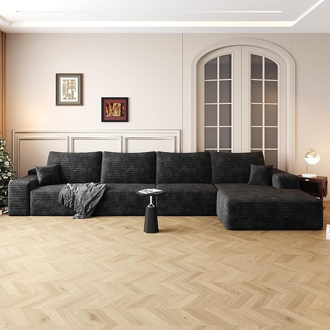 136" Sectional Couches for Living Room Modern Modular Sofa with L-Shape Couchs Upholstered Boneless Couch Deep Seat Sectional Couch with Chaise (Black, Right Facing Chaise+3Seaters)
