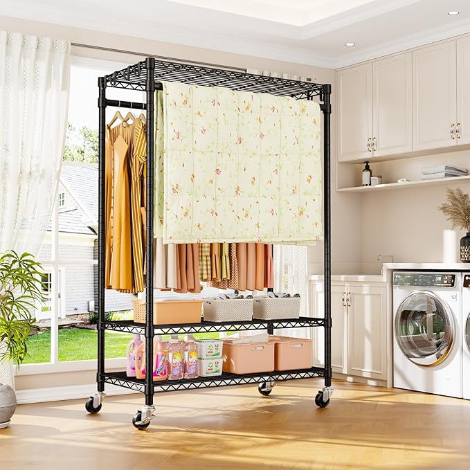 P7 Rolling Clothes Rack, Clothing Racks for Hanging Clothes, Heavy Duty Garment Rack with Wheels, 3 Tiers Freestanding Portable Closet Rack 45''W × 20.5''D × 80.5''H, Max Load 480 lbs, Black