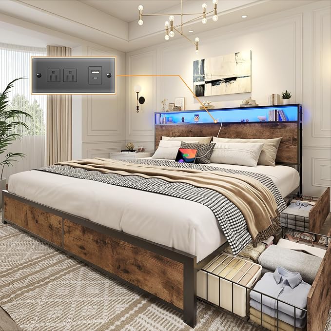 Lifezone King Bed Frame with 2-Tier Storage Headboard, Metal Platform Bed Frame with 4 Storage Drawers, Built in Charging Station & LED, Noise-Free/Metal Support/No Box Spring Needed, Vintage Brown