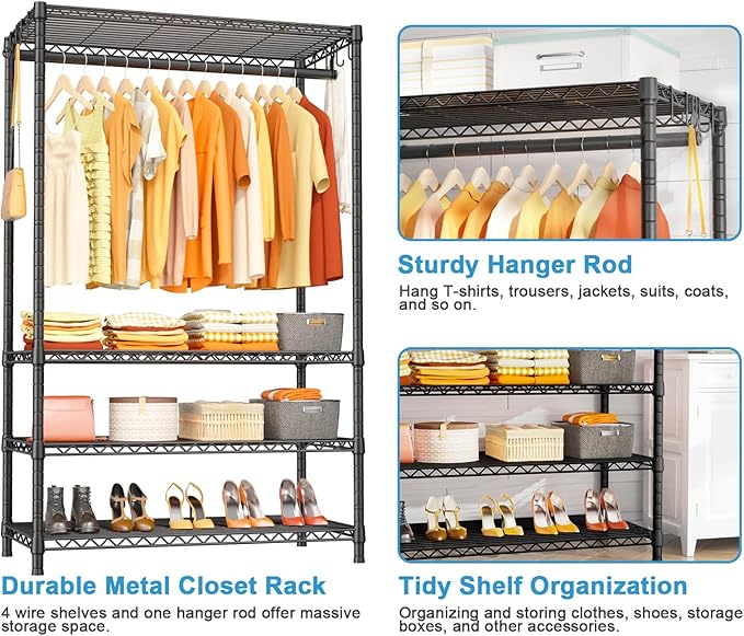 Ulif H4 Plus Portable Closets, 4-Tier Clothes Garment Rack for Bedroom and Cloakroom, Metal Clothing Storage and Organizer Wardrobe System, 45" W x 14" D x 76.4" H, Load 522lbs, Black
