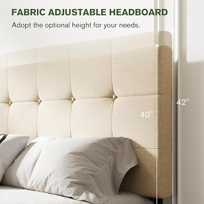 MUTICOR King Size Bed Frame with 4 Storage Drawers, Upholstered Platform Bed with Button Tufted Adjustable Headboard, No Box Spring Needed, Easy Assembly, Square Tufted, Beige Fabric