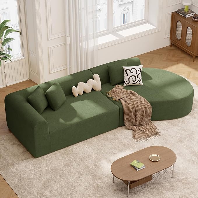 128" Oversized Modern Curved Sofa,Boneless Cloud Sectional Couch with Deep Seat,No Assembly Required Chenille Couches for Living Room,Green,1 PCS