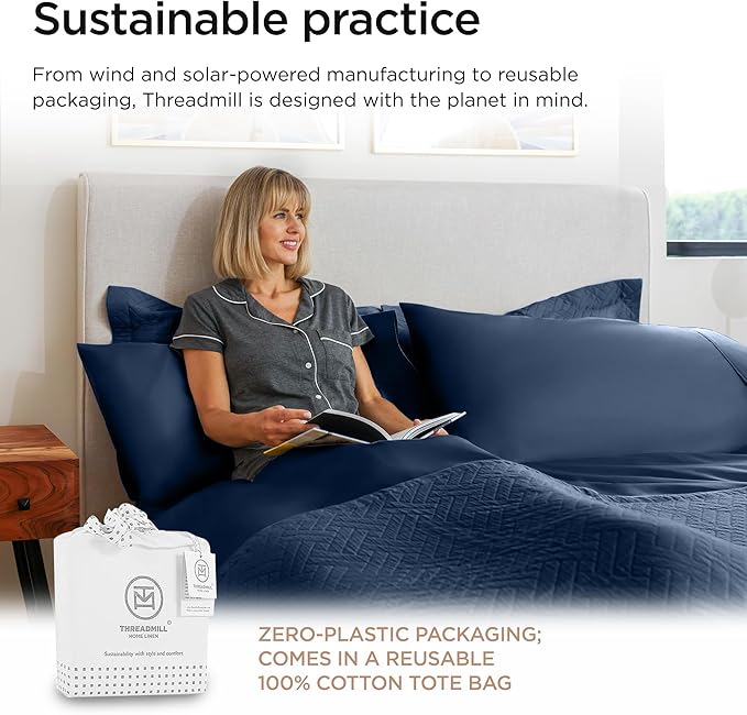 Threadmill 100% Cotton Sheets for Full Size Bed - 600 Thread Count Full Bed Sheets Set with 16” Deep Pocket - Sateen Weave 4-Piece Bedding Set with Cooling Effect, Folkstone Blue