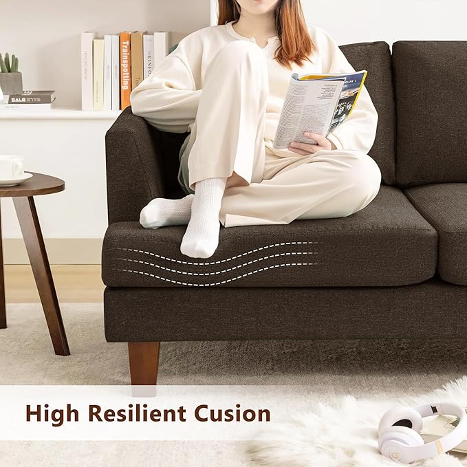 3 Seater Sofa Couch with Deep Seats, 89" Mid Century Modern Upholstered Sofa with Armrests, Comfy Couches for Living Room, Bedroom, Apartment and Office (Brown)