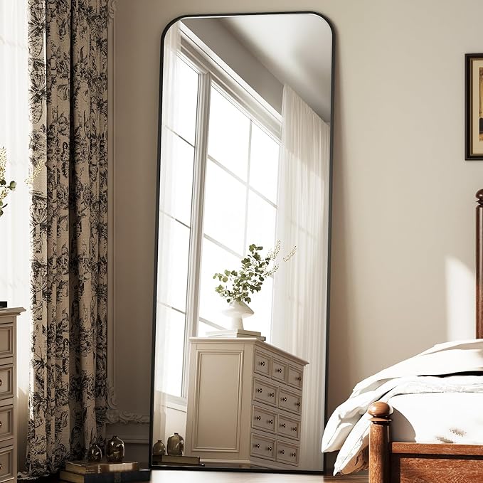 Full Length Mirror 56"x21" Arched Floor Standing Large Mirrors Full Body Mirror with Stand - with Aluminum Frame for Bedroom Living Room, Black