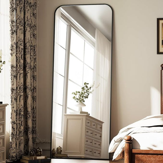 Full Length Mirror 56"x21" Arched Floor Standing Large Mirrors Full Body Mirror with Stand - with Aluminum Frame for Bedroom Living Room, Black