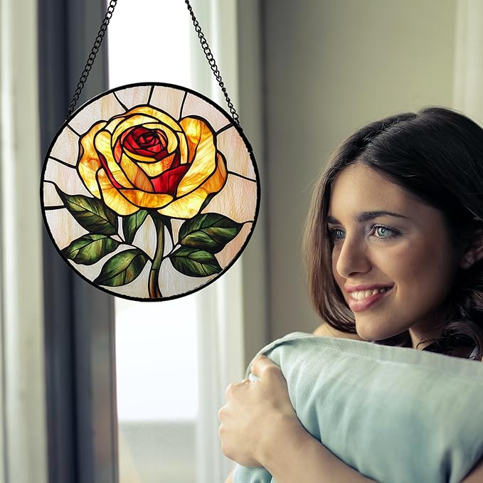 Stained Glass Window Hanging - Elegant Yellow Rose Flower Sun Catcher for Door Garden Home Decor Suncatcher Christmas Mother's Day Birthday Gifts for Women Mom Girl Nana Friend 11.8 in