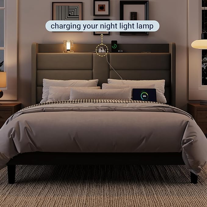 Allewie Queen Size Platform Bed Frame with Charging Station & Storage Headboard, Upholstered Velvet Wingback Design & USB Port, Strong Wooden Slats Support, No Box Spring Needed, Easy Assembly, Grey
