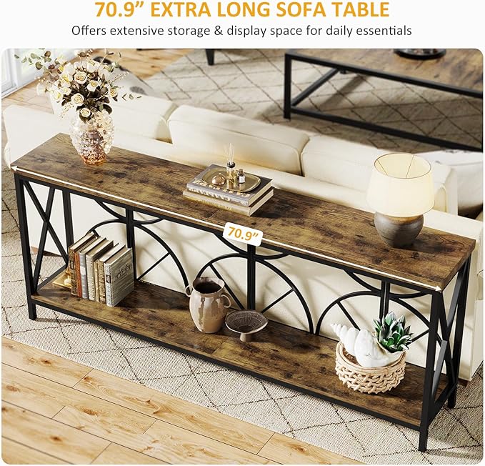 70.9-Inch Extra Long Sofa Table, Narrow Console Table Behind Couch with Storage for Entryway, Living Room, Entrance, Hallway, Foyer, Unique Geometric (Rustic Brown)