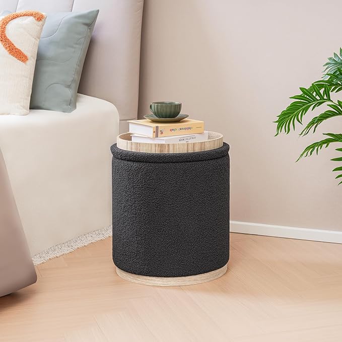 PINPLUS Round Ottoman with Storage Set of 2, Storage Ottoman with Tray, Teddy Velvet Ottoman Storage Modern Multifunctional Foot Rest Stool for Bedroom, Living Room, Dorm (Dark Grey)