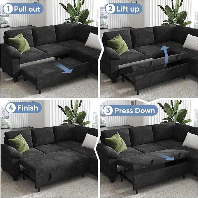 76.8" Modular Sectional Sleeper Sofa with Pull Out Bed,U Shaped 5 Seat Sectional Sofa with Storage,Modular Couch for Living Room,Deep Seat Couch with Removable Sofa Cover,Black