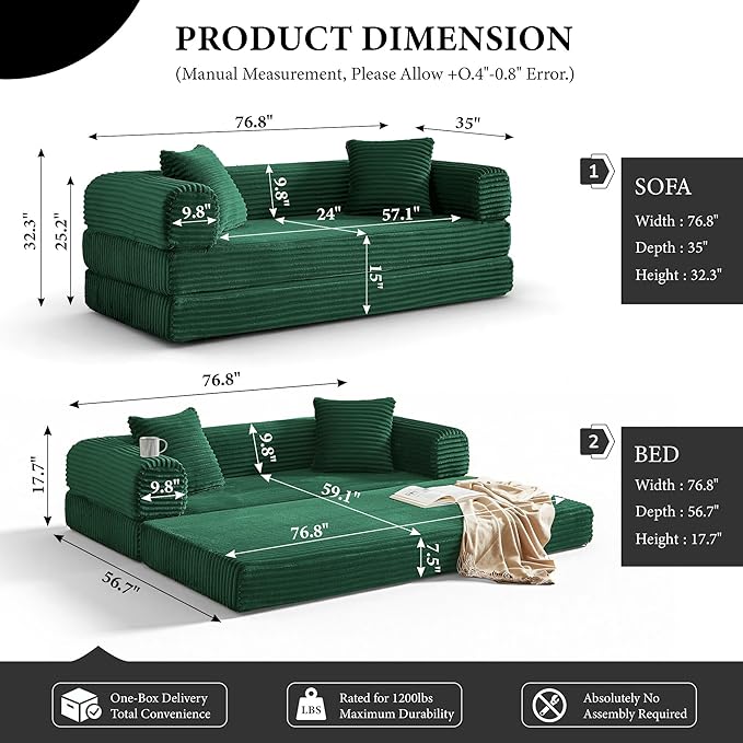 Boneless Couch Sofa Bed Sectional Couches for Living Room,Futon Cloud Couch with Sleeper Sofa,Sofas for Living Room Oversized Corduroy Upholstered (Green)
