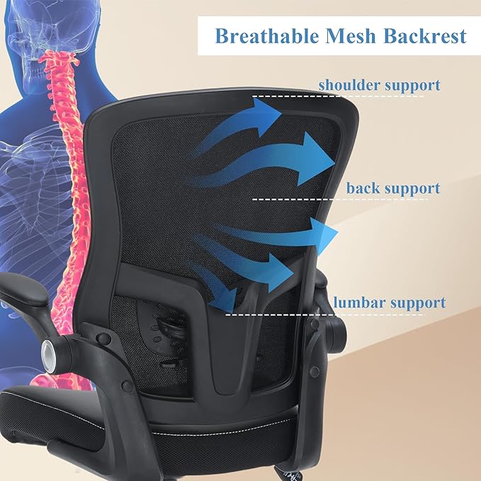 Office Chai PU Leather Cushion, Ergonomic Desk Chair with Flip-Up Arms, 300 LBS Home Office Desk Chairs Adjustable Seat Height & Lumbar Support, Executive Comfy Swivel Task Computer Chair