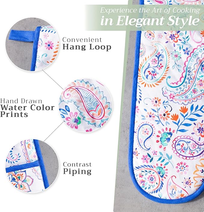 Maison d' Hermine Double Oven Mitts 100% Cotton 7"x35" Double Oven Mitt Heat Resistant BBQ Cooking Gloves with Loop, Baking, Grilling, Home, Kitchen, Handling Hot Pans Spring Summer (Indian Floral)