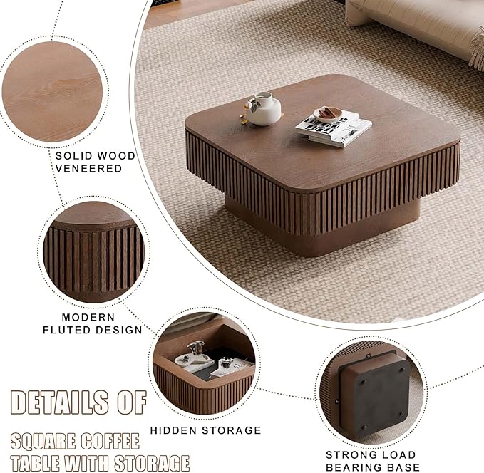 31.5'' Small Square Coffee Table with Storage, Fluted Coffee Table with Solid Wood Veneered, Mid Century Modern Wooden Center Table, Accent Tea Table for Small Space Living Room Apartment, Walnut