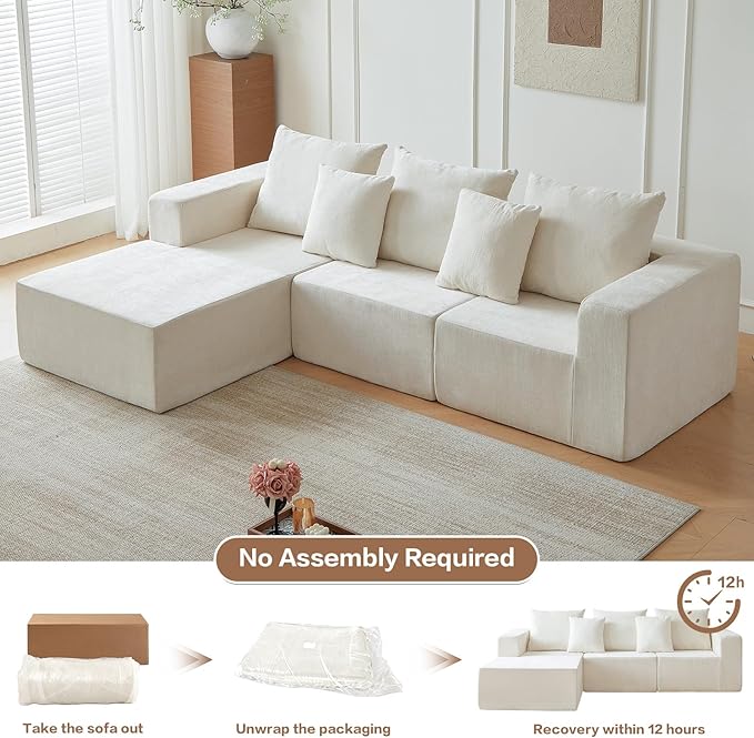 101" Cloud Couch for Bedroom,Boneless Couch with Oversized Chaise,4-Seat Chenille Deep Seat Sofa with 5-Pillows for Living Room,Corduroy Sofa in A Box,Beige