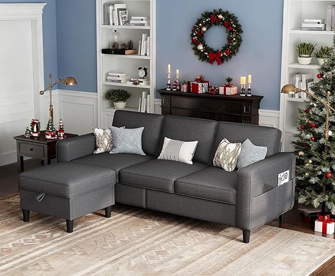 Sectional Sofas Couches for Living Room Convertible 3 Seater L Shaped Couch with Removable Storage Ottoman 78" Dark Grey Modern Linen Sofa for Apartments Studios Dorms Small Spaces