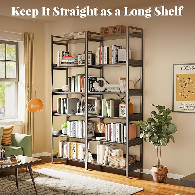 Huuger 6 Tier Bookshelf, Display Bookshelf with 12 Open Shelves and Raised Baffle, 47.2 Inch Straight Wide Bookcase with Metal Frame and Wooden Board, Adjustable Feet, Black