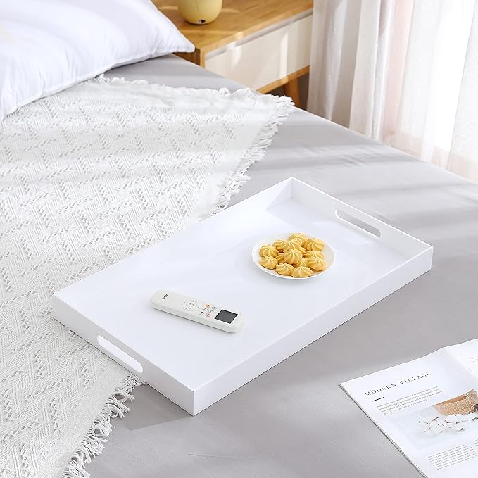 Glossy White Acrylic Serving Tray with Handles-Lucite Tray for Ottoman,Coffee Table, Breakfast, Tea, Food, Butler - Decorative Tray (10x15x2H Inch with, White)