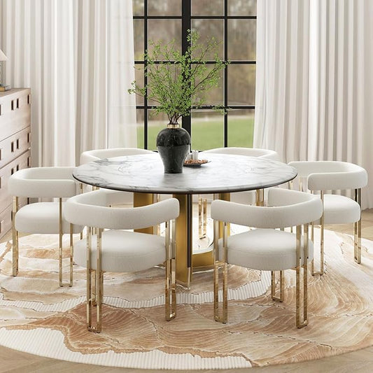 Set of 6 Modern White Boucle Dining Chairs with Gold Metal Legs, Mid Century Accent Upholstered Barrel Armchairs with Open-Back for Kitchen, Dining Room, Living Room, Apartment