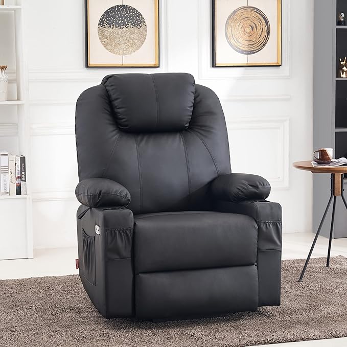 MCombo Large Power Lift Recliner Chair with Massage and Heat for Tall Elderly People, 3 Positions, Cup Holders, and USB Ports, Faux Leather 7516 (Large, Black)