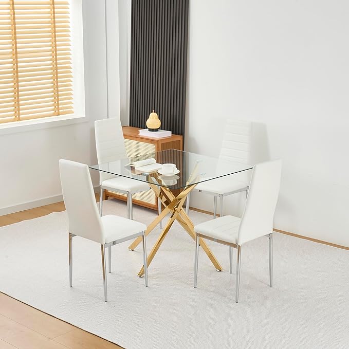 36" Square Glass Dining Room Table for 4 with Tempered Glass Top and Gold Chrome Metal Legs, Modern Clear Kitchen and Dinner Table for Home Office Dining Room