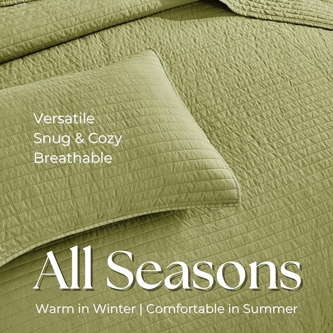 DOWN HOME Queen Quilt Bedding Set with Shams, Vintage Washed Soft Quilted Blanket Thin Comforter Lightweight Bedspread Coverlet Bed Cover, Brushed Microfiber Stripe Stitching, Golden Olive, 86"x90"