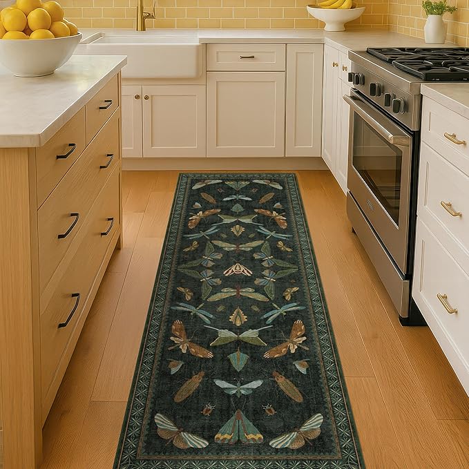 Washable Insect 2x6 Runner Rug for Hallway- Stain Resistant Kitchen Runners, Floral Whimsical Indoor Floor Mat for Bathroom, Soft Non Slip with Rubber Backed, Dark Green