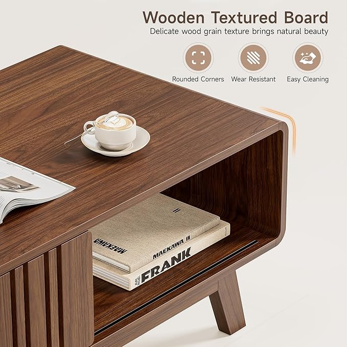 ONBRILL Coffee Table, Mid Century Modern Table with Storage Compartment, Fluted Table with Sliding Cabinet Door, Farmhouse Wood Coffee Table for Living Room (Walnut)
