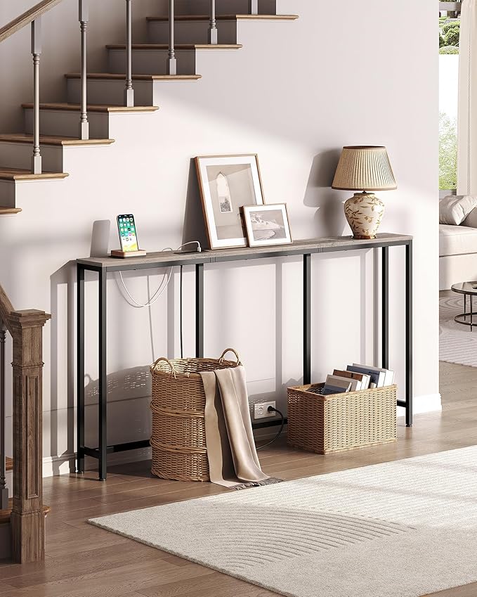 62.99" Narrow Console Table with Power Outlet 7.1" Skinny Sofa Table, Long Behind Couch with Charging Station for Hallway, Living Room Greige and Black TXG16UBG