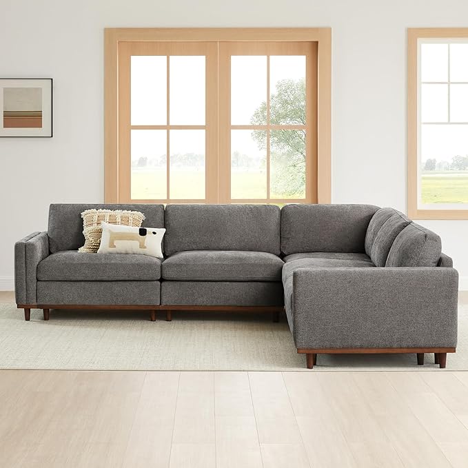 CHITA Super Large Luxury V Shape Corner Sectional Modular Sofa Set, Down Filled Modern Sofa, Deep Seat Cloud Couch, 114 inch Width, 5 Seat Couch with Chaise, Solid Wood Leg, Grey