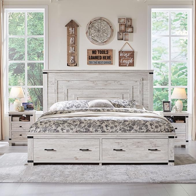T4TREAM Farmhouse King Size Bed Frame with 54" Tall Geometric Headboard & 2 Large Storage Drawers, Rustic Wood Platform Bed with Wood Slats Support, No Box Spring Needed, Antique Brushed White